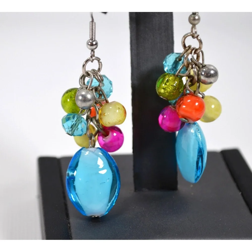 Silver Tone Hook Pierced Earrings Multi Color Glass & Plastic‎ Beads 2.5